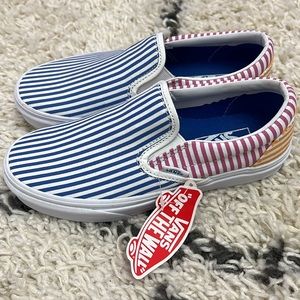 Brand new Vans classic slip-ons in blue, pink and yellow stripes